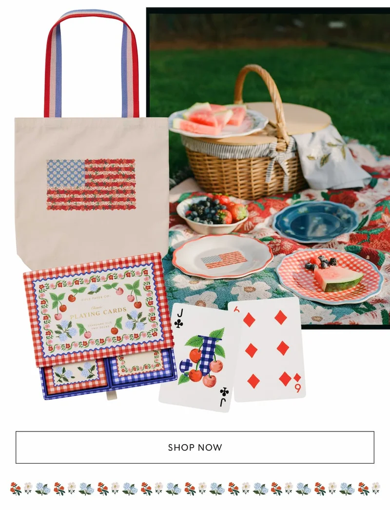 Tote bag, picnic setup, playing cards, and "Shop Now" button with a floral border.