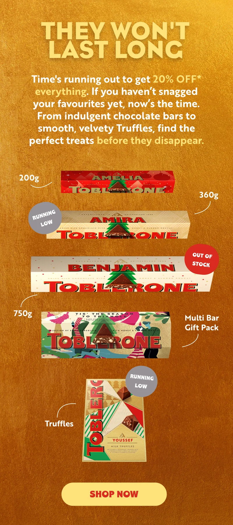 BLACK FRIDAY - 20% OFF  Black Friday is almost over, and time’s running out to get our best deals of the year!  If you haven’t snagged your favorites yet, now’s the time. From indulgent chocolate bars to smooth, velvety Truffles holiday gifts, find the perfect treats before they disappear.