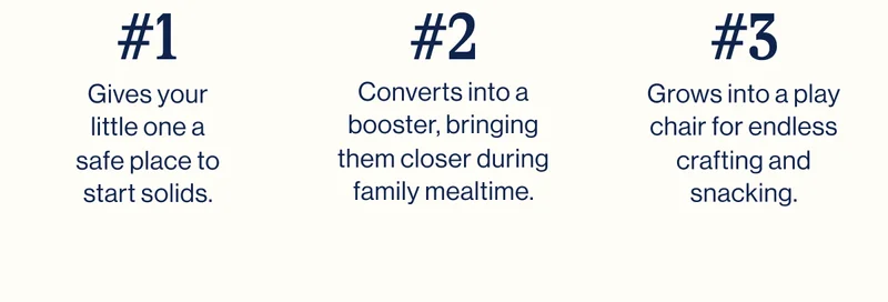 #1 Gives your little one a safe place to start solids. #2 Converts into a booster, bringing them closer during family mealtime. #3 Grows into a play chair for endless crafting and snacking.