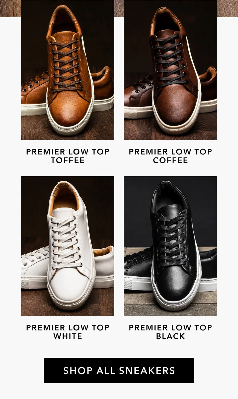 Premier Low Top Sneakers in Toffee, Coffee, White, and Black.