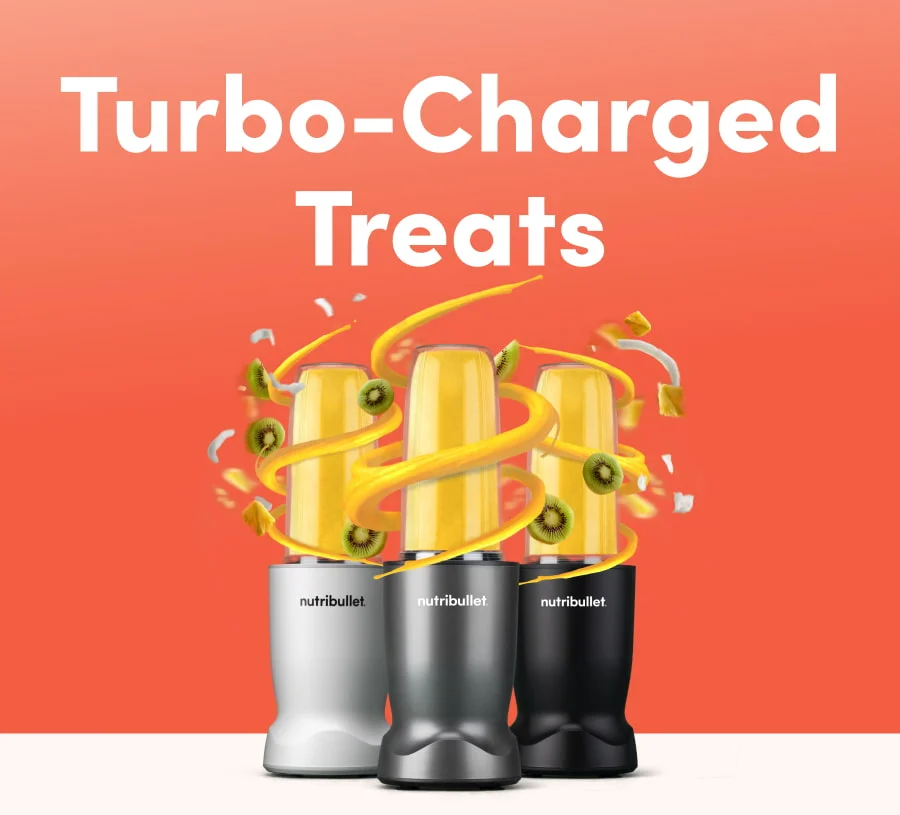 Row of nutribullet Turbo blenders with golden liquid swirling around, emphasizing power and performance.