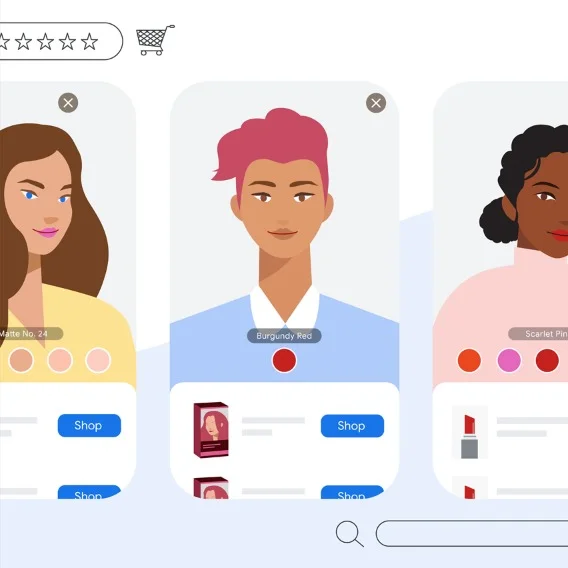 Illustration of three people using AR to shop for products