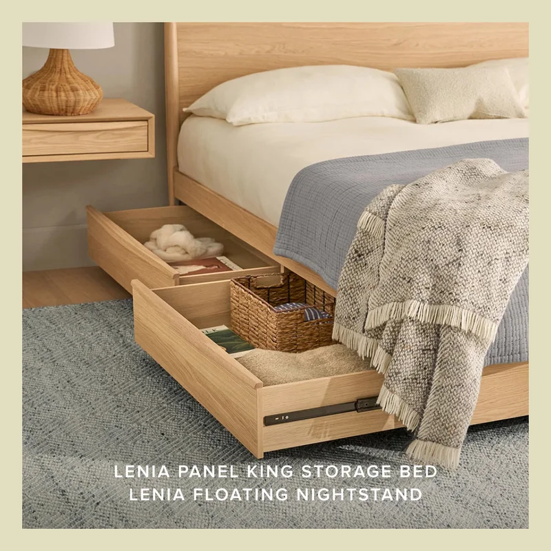 Lenia Panel King Storage Bed and Lenia Floating Nightstand.