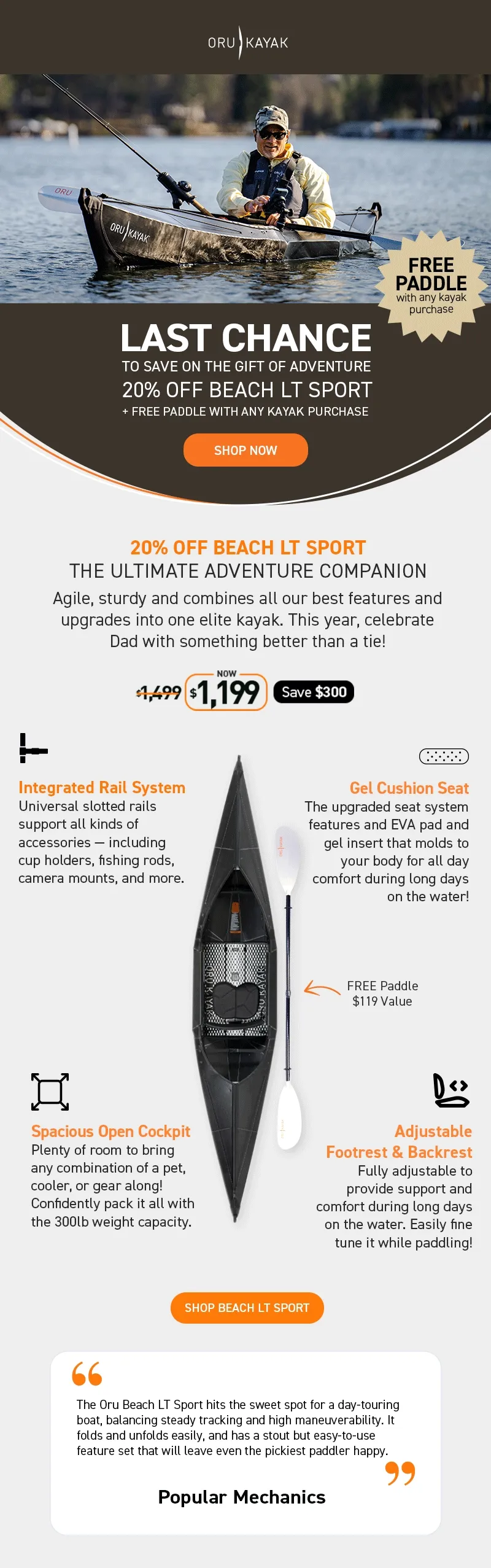 Father's Day Deals - Last Chance! Save 20% Off Beach LT Sport + Get a Free Paddle with any kayak purchase