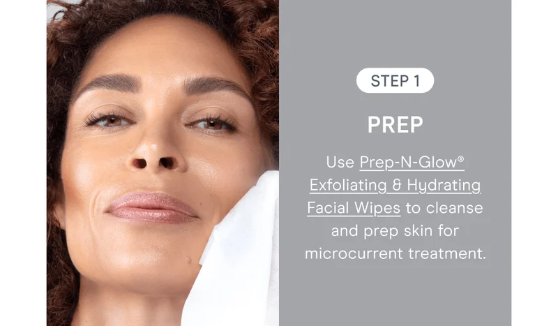 Step 1: Prep - Use Prep-N-Glow® Exfoliating & Hydrating Facial Wipes to skin to cleanse and prep skin for microcurrent treatment.