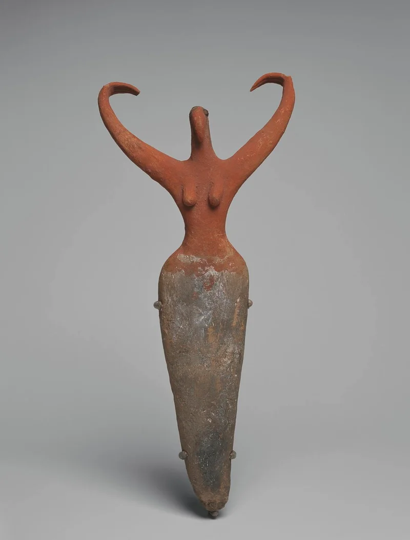 Terra-cotta female figure with arms stretching upward