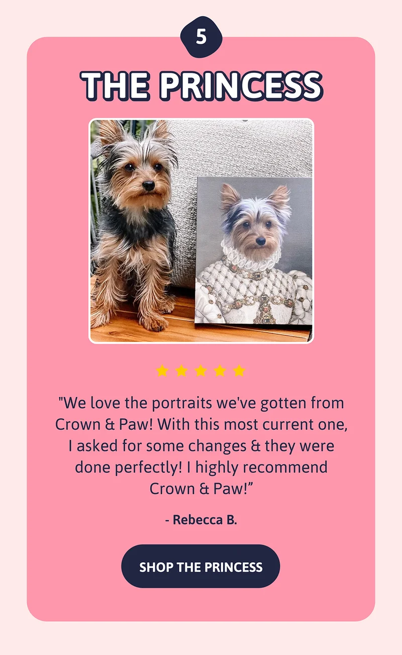 5. The Princess. "We love the portraits we've gotten from Crown & Paw! With this most current one, I asked for some changes & they were done perfectly! I highly recommend Crown & Paw!" REBECCA B.