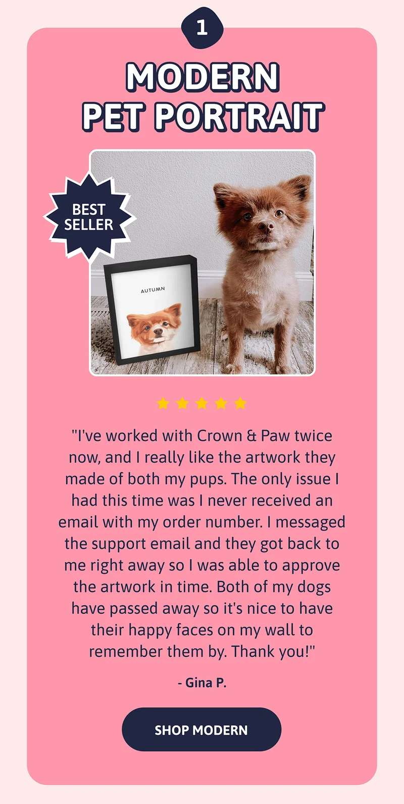 1. Modern Pet Portrait. "I've worked with Crown & Paw twice now, and I really like the artwork they made of both my pups. The only issue I had this last time was I never received a follow up email with the order number. I messaged the support email and they got back to me right away so I was able to approve the artwork in time. Both of my dogs have passed away so it's nice to have their happy faces on my wall to remember them by. Thank you!" GINA P.