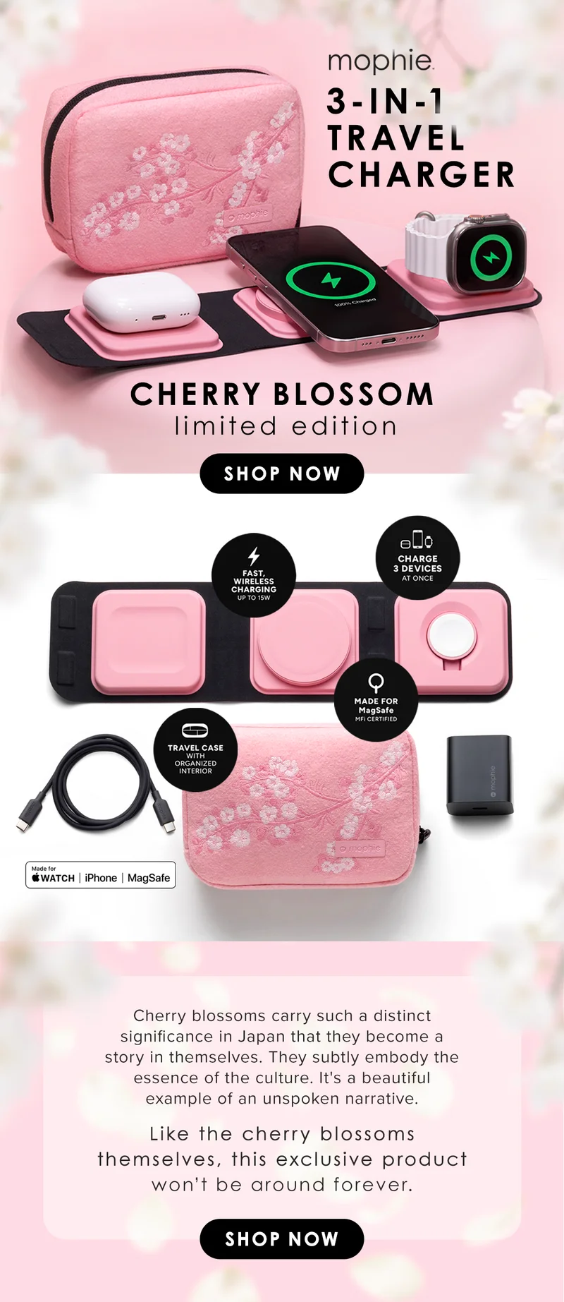 mophie 3-in-1 travel charger Cherry Blossom limited edition