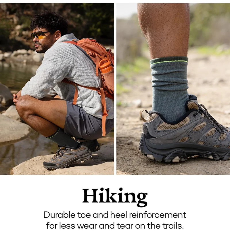 Hiking | Durable toe and heel reinforcement for less wear and tear on the trails.