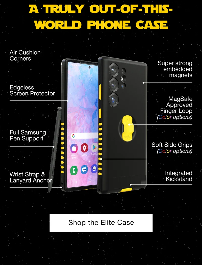 A Truly out-of-this-world phone Case Air Cushion Corners Super strong embedded magnets Edgeless  Screen Protector MagSafe Approved Finger Loop (Color options) Full Samsung Pen Support Soft Side Grips (Color options) Wrist Strap & Lanyard Anchor Integrated Kickstand