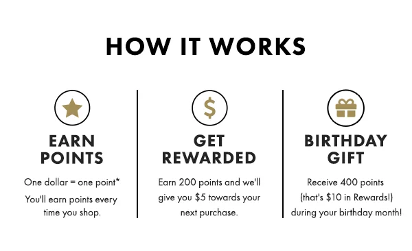How It Works. Earn Points, Get Rewarded, Birthday Gift.