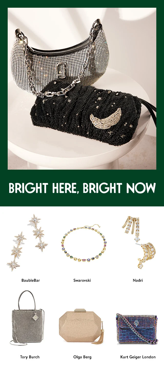 Two shimmering evening bags. An assortment of sparkling jewelry and handbags.
