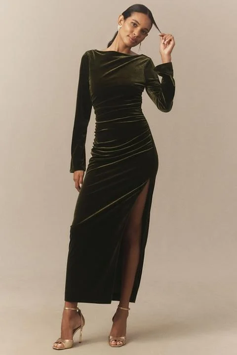 BHLDN Eloise Boat Neck Stretch Velvet Maxi Dress