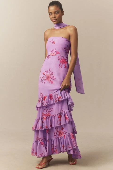 BHLDN Molly Strapless Scarf-Neck Tiered Chiffon Maxi Dress