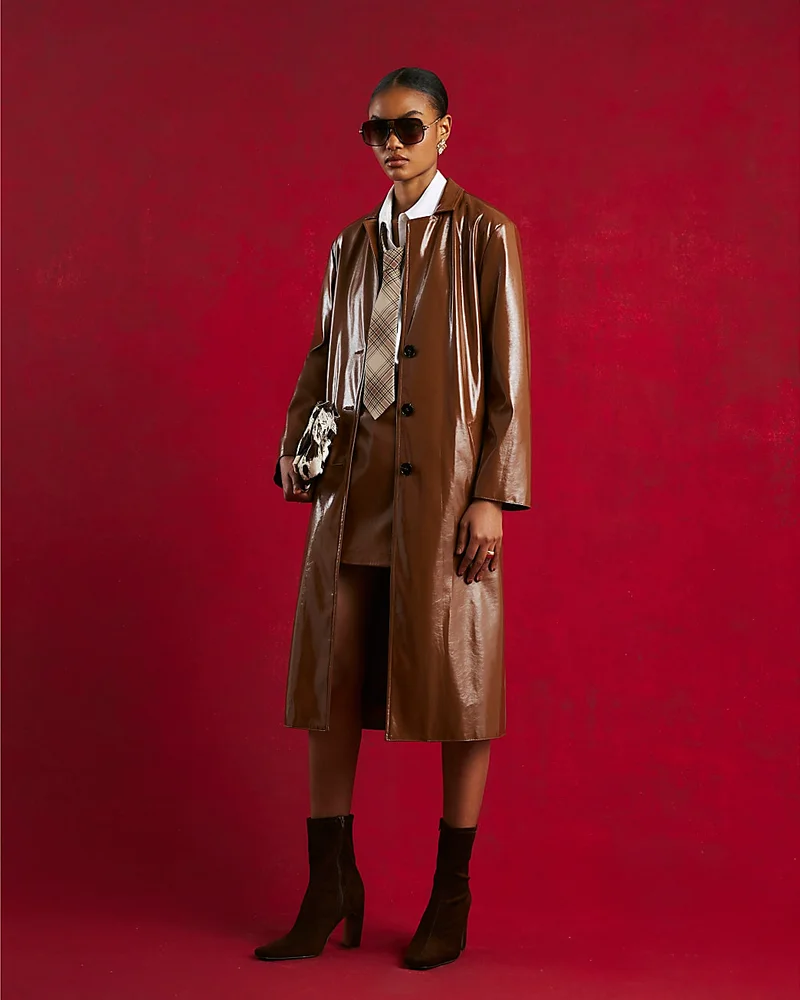Womens Brown Faux Leather Belted Trench Coat