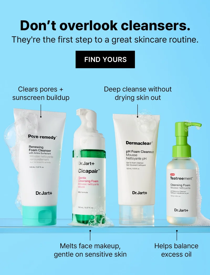 Don't overlook cleansers. They're the first step to a great skincare routine. | FIND YOURS | Clears pores + sunscreen buildup | Deep cleanse without drying skin out | Melts face makeup, gentle on sensitive skin | Helps balance excess oil