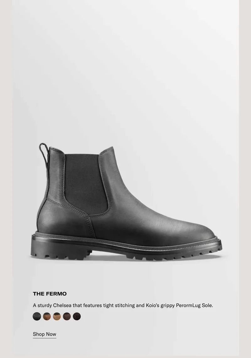 The Fermo. A sturdy Chelsea that features tight stitching and Koio's grippy PerormLug Sole. Shop Now