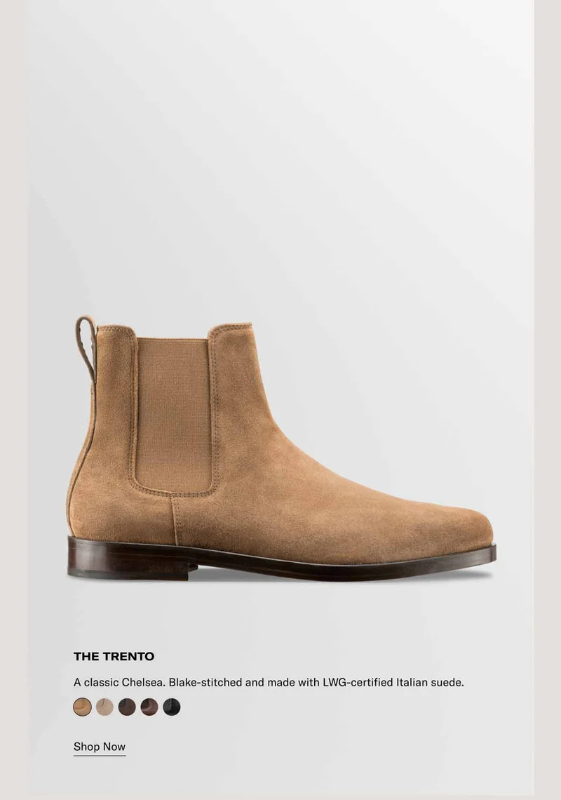 The Trento. A classic Chelsea. Blake-stitched and made with LWG-certified Italian suede. Shop now