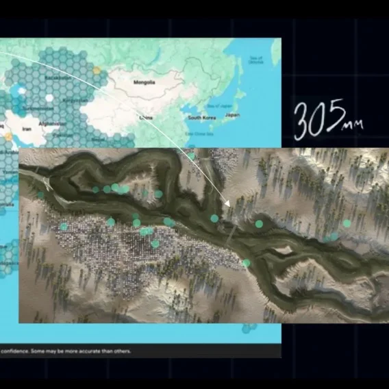 A graphic displaying a map with highlighted regions, satellite imagery of a river valley with markers, and the text '305mm' in the upper right corner.