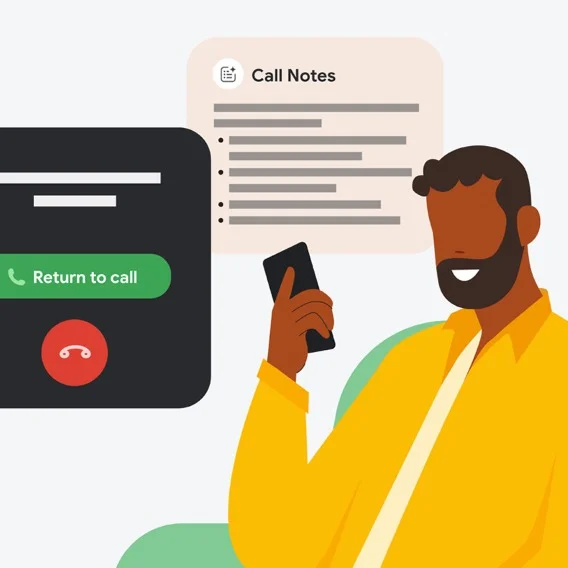 An illustration of a person holding a phone, with a call interface on the left showing 'Return to call' and a red hang-up button. On the right, a call notes panel is displayed with lines representing text.