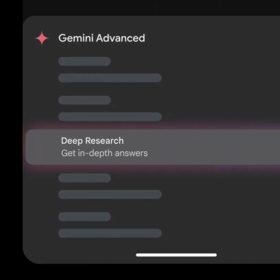 Mobile phone screen displaying the Gemini Advanced application. The 'Deep Research' option is highlighted in the menu, with the description 'Get in-depth answers' underneath. The interface is in dark mode, and the Gemini Advanced title is accompanied by a pink diamond icon.