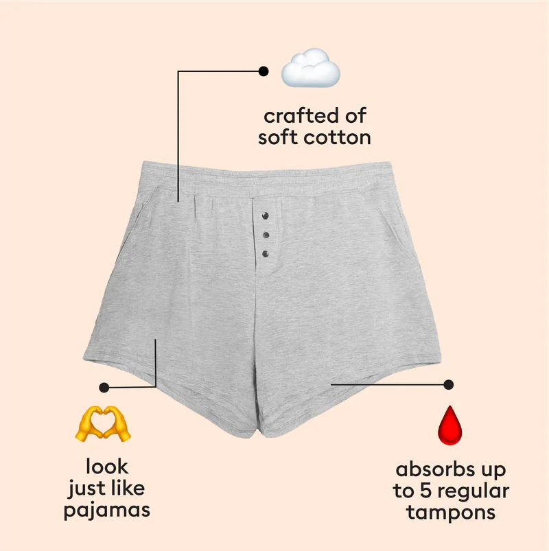 absorbs up to 5 regular tampons, look just like pajamas, crafted of soft cotton