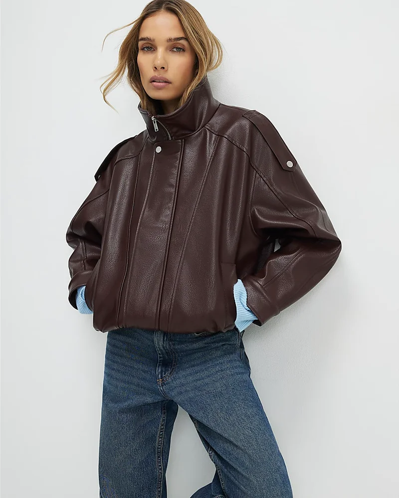 Womens Brown Faux Leather Funnel Neck Jacket