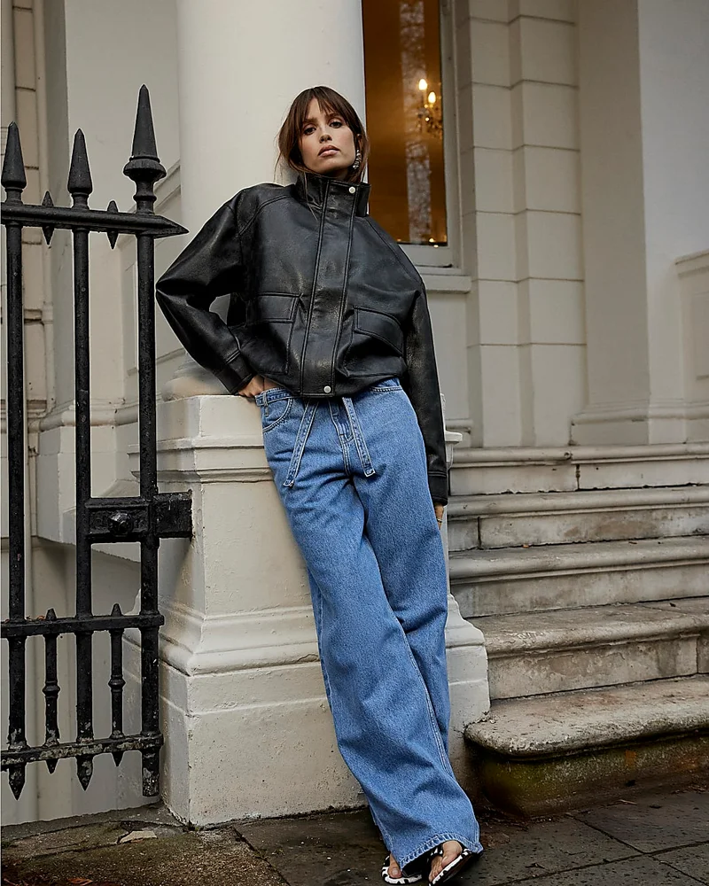 Womens Blue Wide Leg Tie Front Jeans
