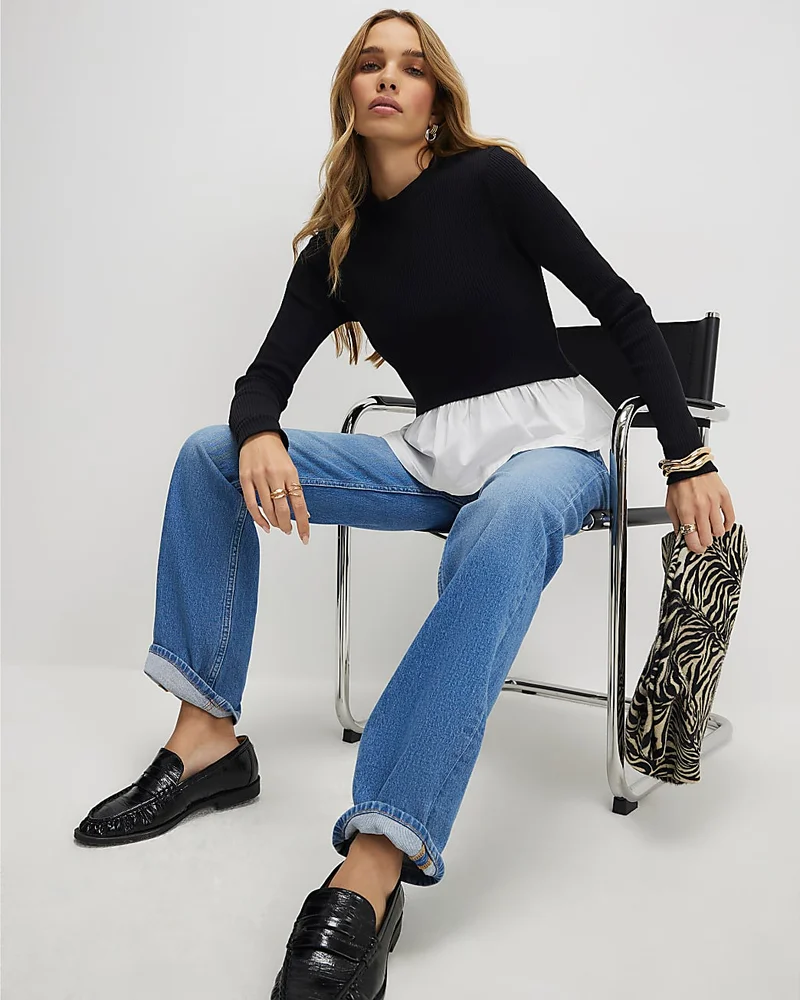 Womens Black Long Sleeve Poplin Hem Top