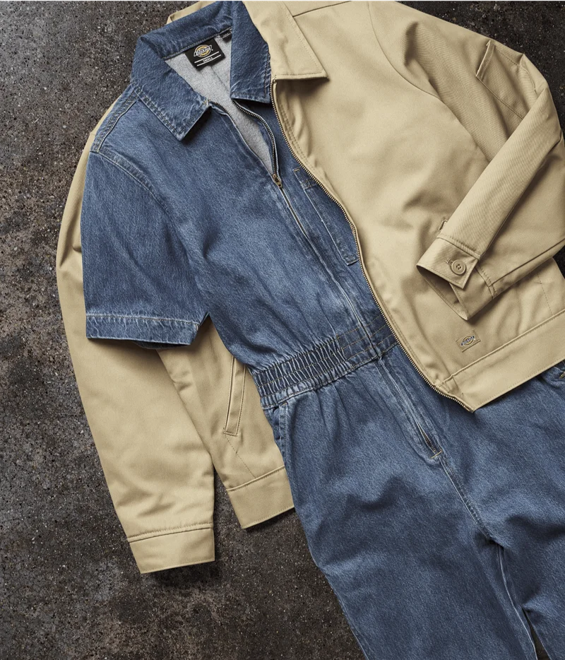 Product laydown of the Women's Dickies Eisenhower and Denim Coveralls.