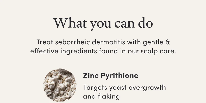 What you can do | Treat seborrheic dermatitis with gentle & effective ingredients found in our scalp care. | Zinc Pyrithione | Targets yeast overgrowth and flaking