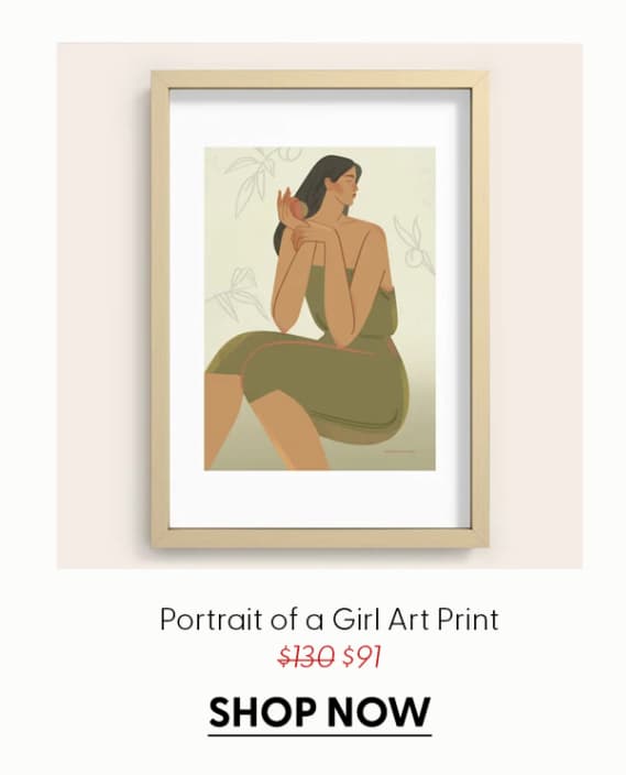 portrait of a girl with a peach in a green dress Art Print