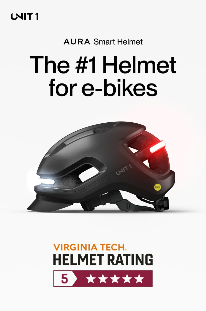 UNIT 1 AURA Smart Helmet with front and rear lights, recognized as the #1 helmet for e-bikes, featuring a 5-star Virginia Tech helmet rating