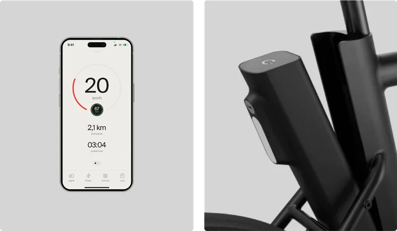 A photograph render of the Cowboy app and the removable battery
