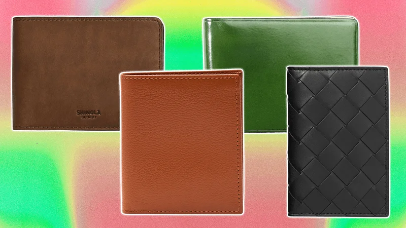 4 slim wallets against a blotchy pink green and yellow background