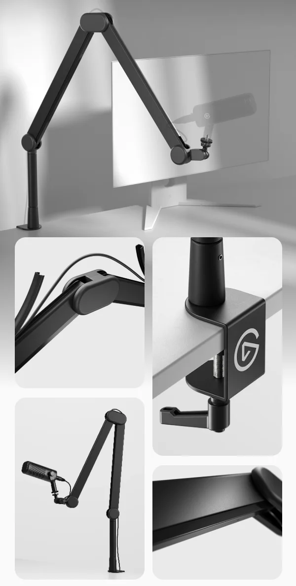 Elgato Wave Mic Arm attached to desk with detailed shot of product.