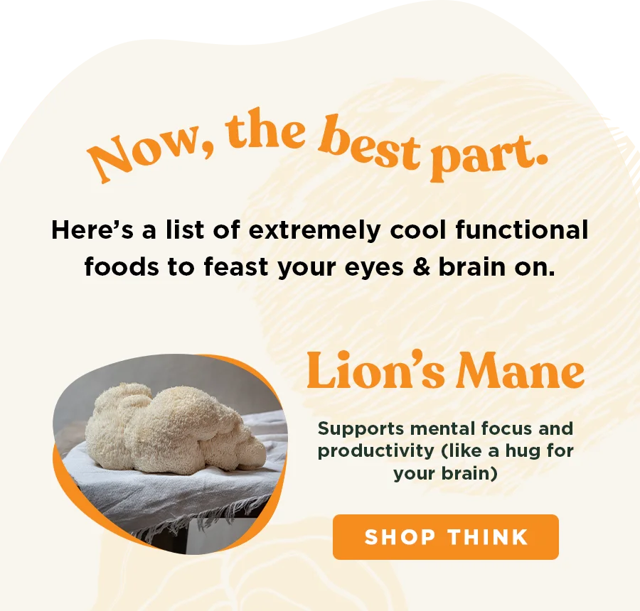 Now, the best part. Here's a list of extremely cool functional foods to feast your eyes and brain on. Lion's Mane: supports productivity and focus.