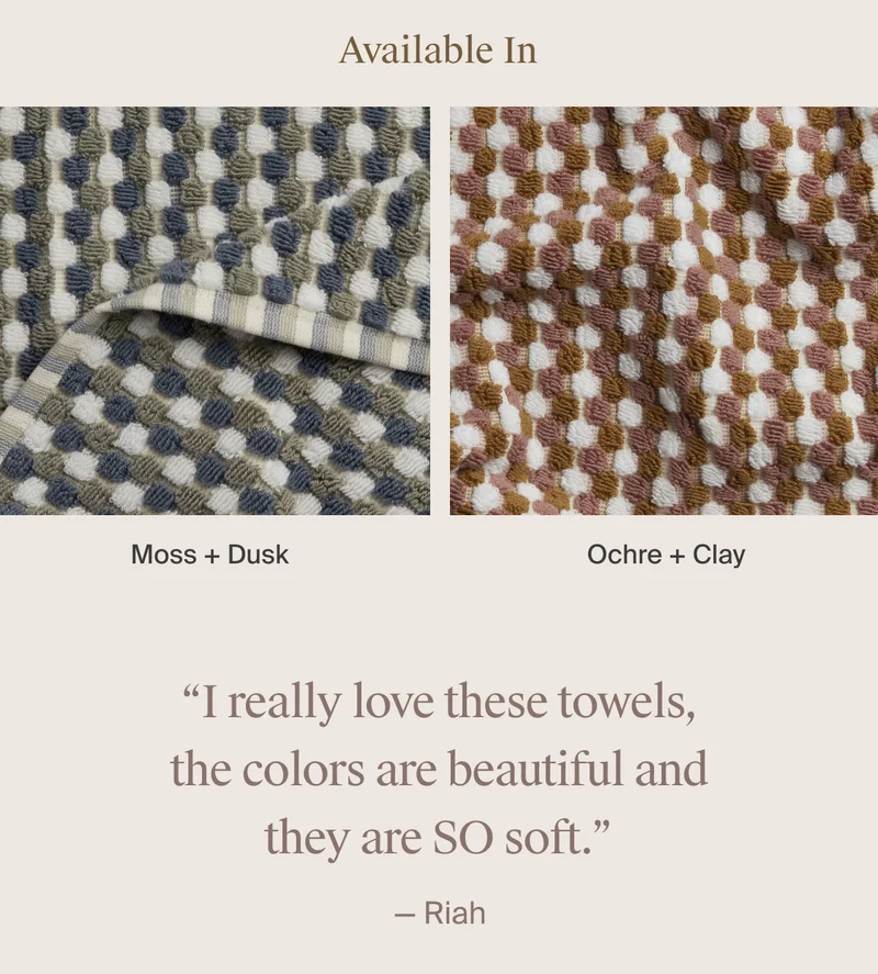 Available in Moss + Dusk and Ochre + Clay