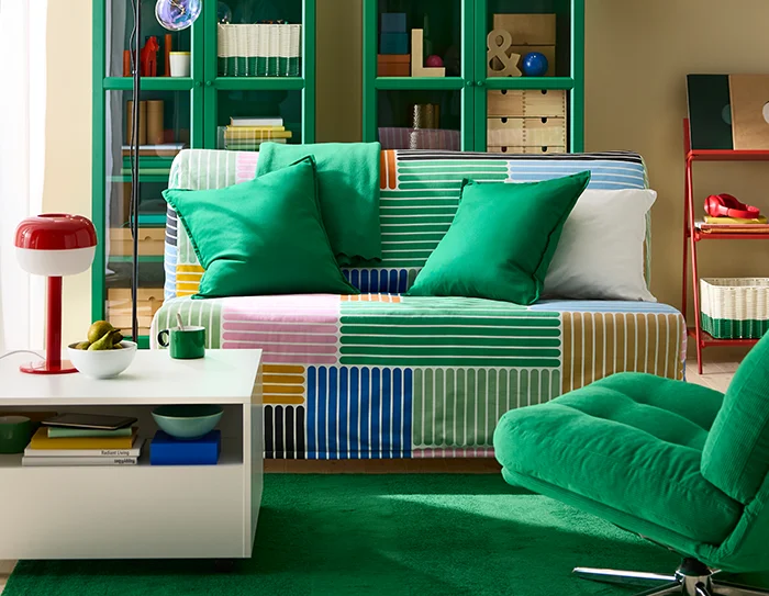 bright green sofa and colorful room