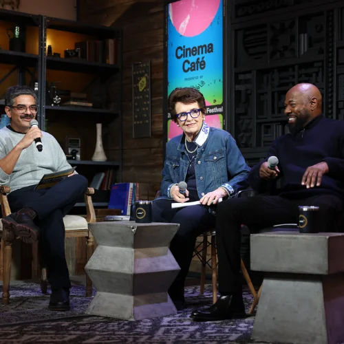 Image of Billie Jean King, Antoine Fuqua and Sudeep Sharma at Cinema Café.