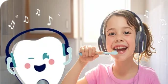 Kid brushing teeth while listening to music