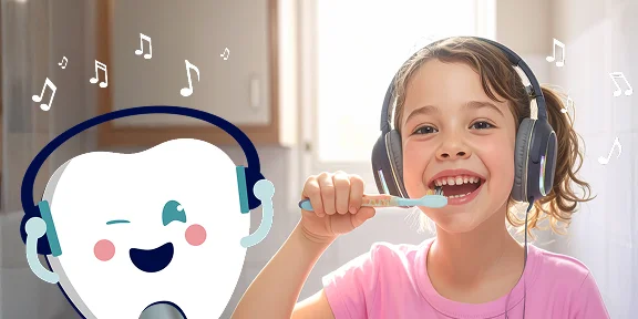 Kid brushing teeth while listening to music