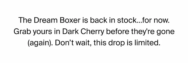The Dream Boxer is back in stock...for now. Grab yours in Dark Cherry before they're gone (again). Don't wait, this drop is limited.