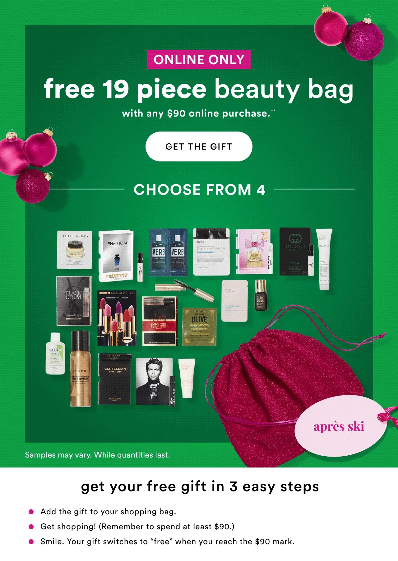 Online only | Free 19 piece beauty bag with any $90 online purchase | Get the gift | Choose from 4