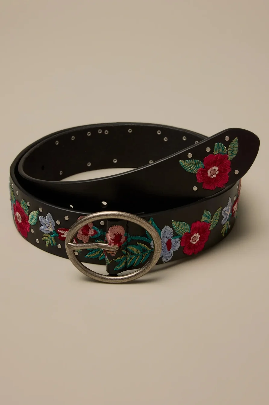 Image of Lucky Brand Stud Floral Embroidered Belt - Women's Accessories Belts in Black