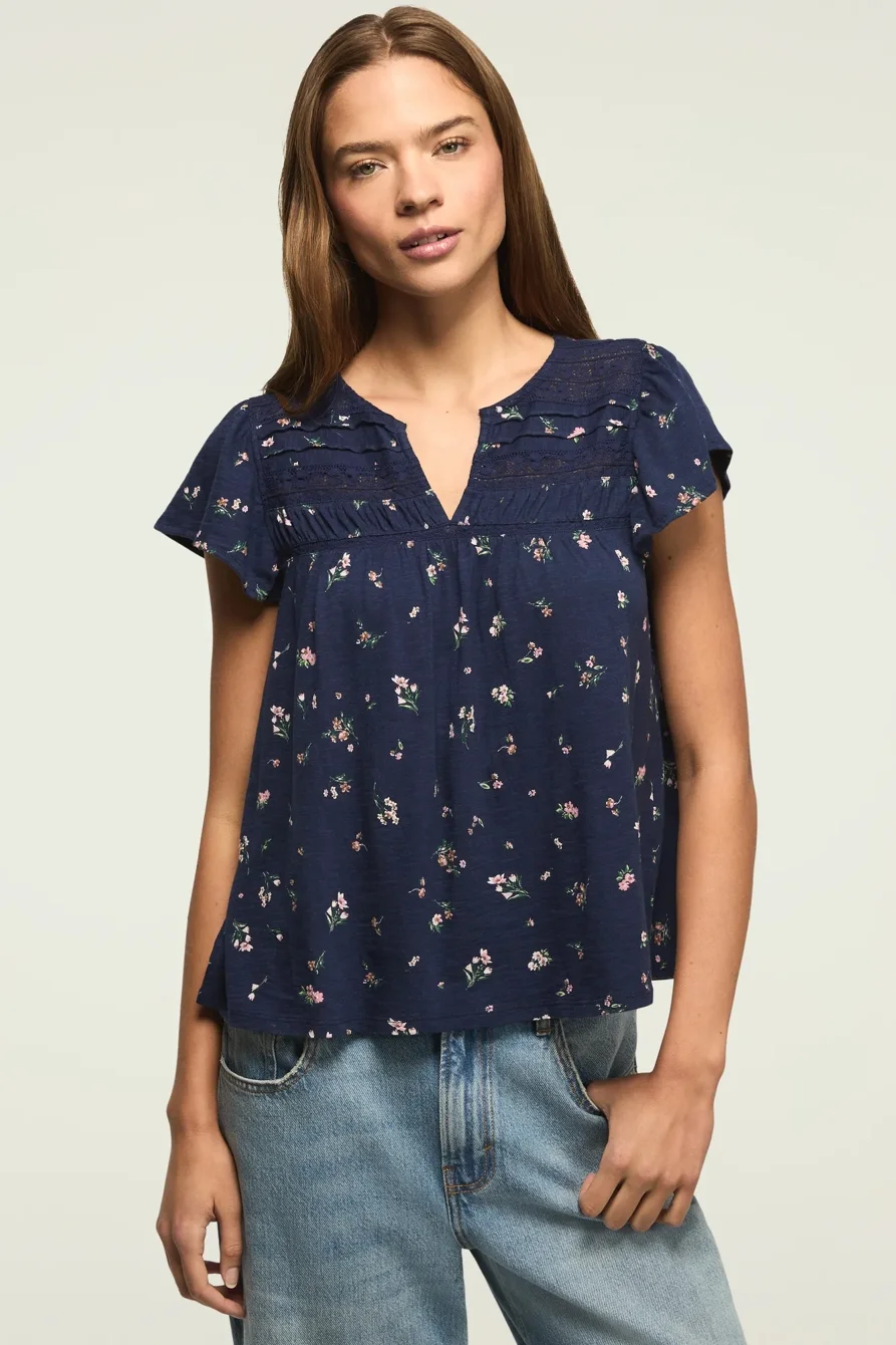 Image of Lucky Brand Floral Flutter Sleeve Top - Women's Clothing Tops Tees Shirts in Berry Floral