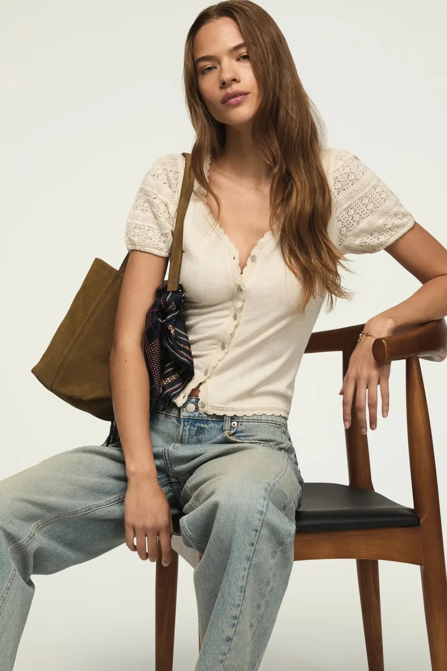 Image of Lucky Brand Short Sleeve Button Through Top - Women's Clothing Short Sleeve Tee Shirt Tops in India Ink