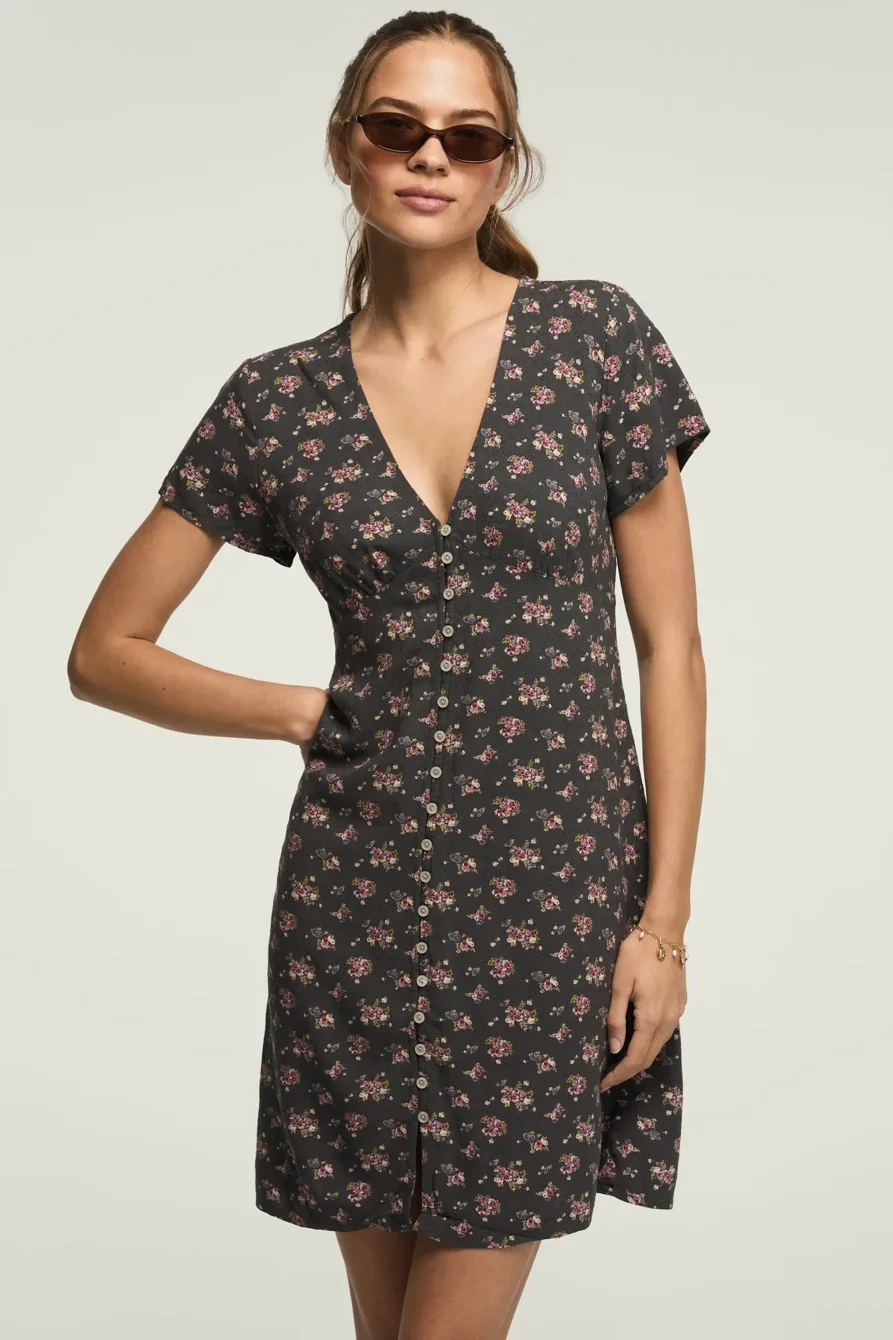 Image of Lucky Brand Printed Short Sleeve Slip Mini Dress - Women's Clothing Dresses Mini Dress in Black Floral