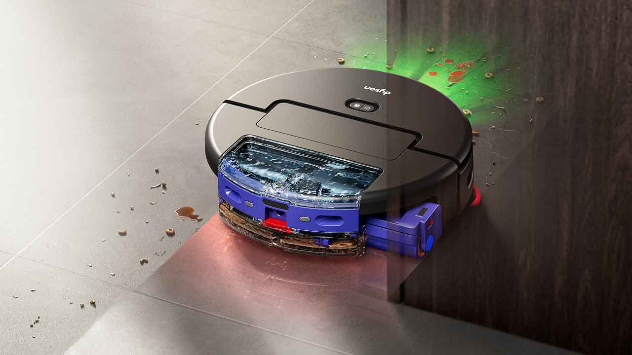 The Dyson Spot+Scrub Ai robot vacuum cleans while navigating around a cabinet.